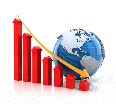 Real estate falling chart with globe, 3d render 库存插图