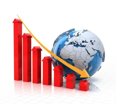 Real estate falling chart with globe, 3d render Illustrazione stock