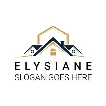 Real estate featuring a dark blue house silhouette with gold geometric roof. Stock Illustration