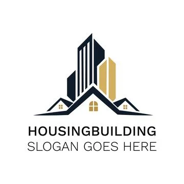 Real estate featuring a dark blue skyscraper silhouette rising behind three. Stock Illustration