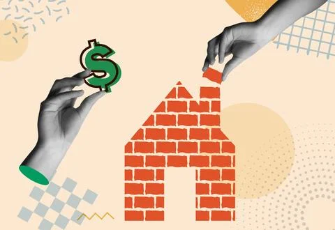 Real estate financing with hands in retro collage vector illustration Stock Illustration