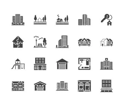 Real estate flat glyph icons set. House sale, commercial building, country home Ilustración de archivo