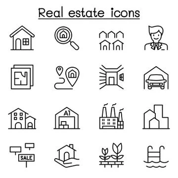 Real estate icon set in thin line style Illustrazione stock