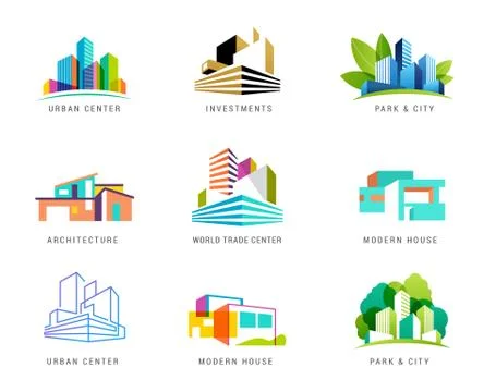 Real estate logo, building development, set of logos, icons and elements Ilustración de archivo