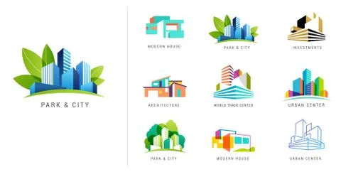 Real estate logo, building development, set of logos, icons and elements Ilustración de archivo