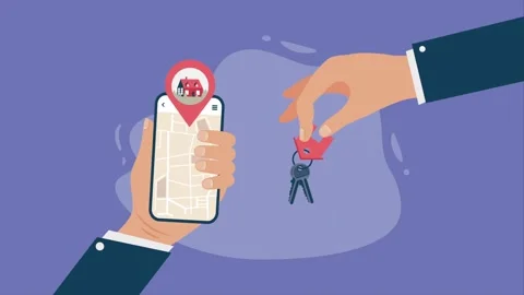 Real estate mobile application showing house location and delivering keys w.. Stock Footage 338426578
