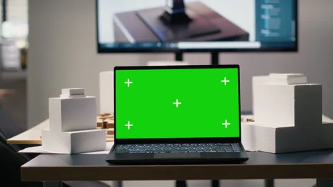 Real estate planning office with empty chairs and chroma key on laptop Stock Footage 316641779