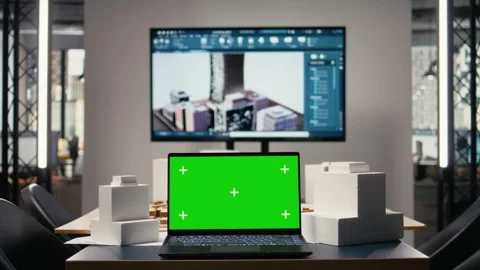 Real estate planning office with empty chairs and chroma key on laptop Stock Footage 316793732