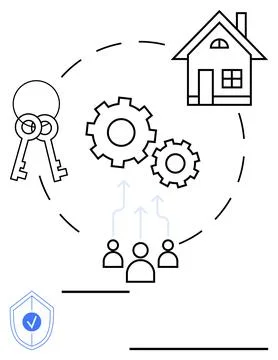 Real Estate Process with House, Keys, Gears, People, and Protection Shield Ic Stock Illustration