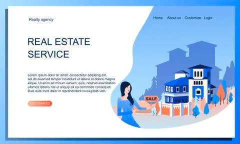 Real estate service concept. Cottage lanscape with woman real estate agent. Stock Illustration