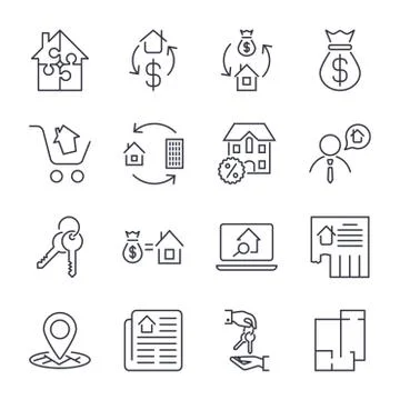 Real Estate. Set of outline vector icons. Includes such as Property, Building Illustrazione stock