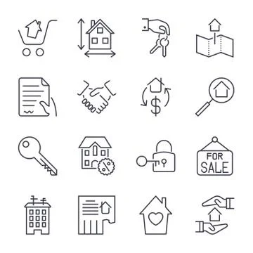 Real Estate. Set of outline vector icons. Includes such as Property, Building Illustrazione stock