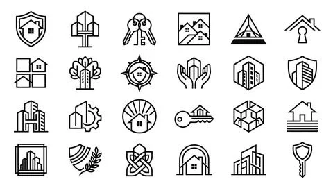 Real estate symbol set linear houses keys for property sales. Stock Illustration