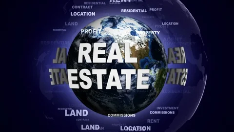 REAL ESTATE Text around Earth and Keywords, Animation, Rendering, Background Stock Footage
