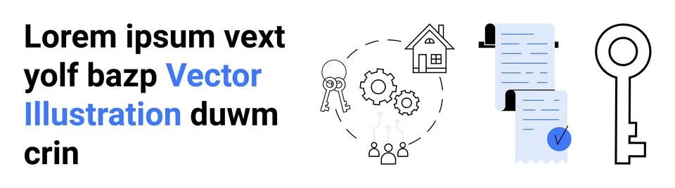 Real Estate Transaction Elements Key, Gears, Documents and Home Icons for B.. Stock Illustration