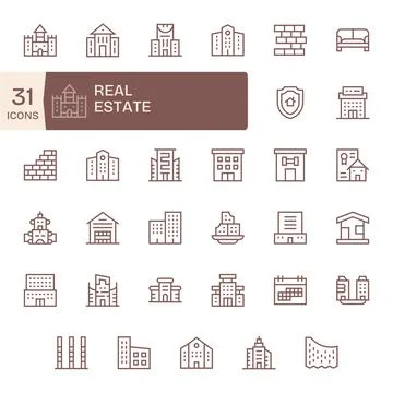 Real Estate Vector Graphics featuring 35 Regular Line Pixel Optimized 256x2.. Stock Illustration