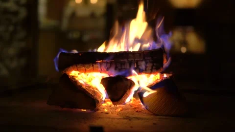 Real Fireplace Fire Close-Up, Cozy Winter Scene, Burning Logs on the Fire, Chris Stock Footage 266886902