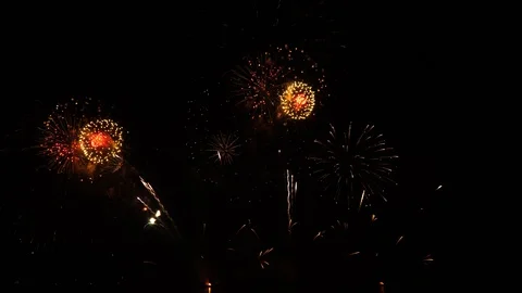 Real fireworks on black sky background - Fireworks for celebration. Stock Footage 121132377