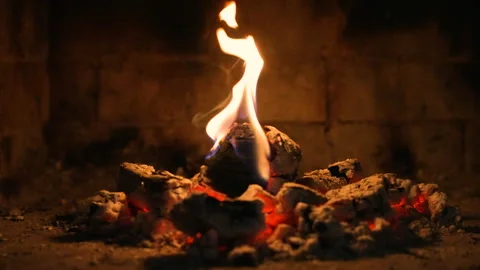 The Real Flames of Burning Logs in a Fireplace. Cozy Atmosphere. A Video for Video stock 334105099