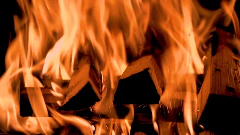 Real Flames from burning logs in slow motion. Stock Footage 136426009