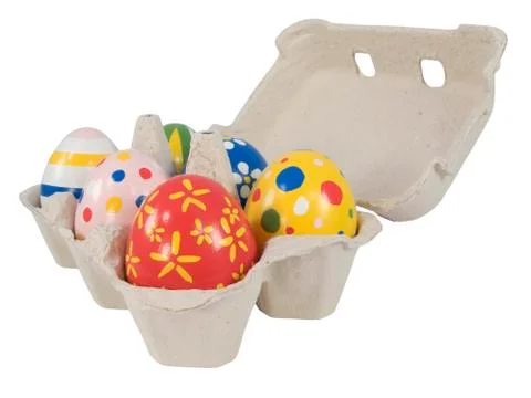 Real hand painted easter eggs in egg box Stock Photos