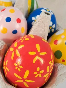 Real hand painted easter eggs in box Stock Photos