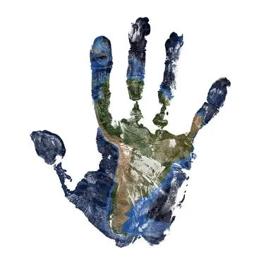 Real hand print combined with a map of South America of our blue planet Ea... Foto stock