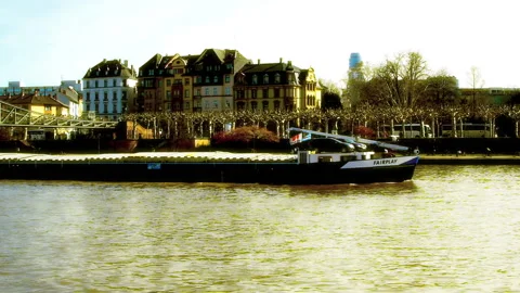 A real long long barge passing by river Main. Video stock 152952050
