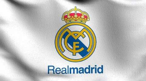 Real Madrid flag blowing in the wind. Emblem of Football Club FC Premier Leag Stock Illustration