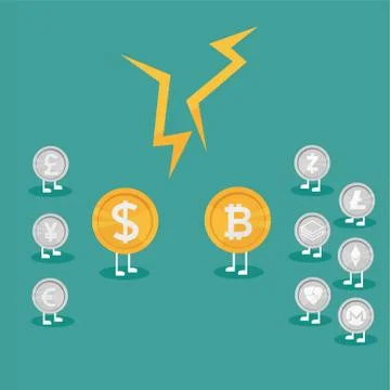 Real money vs Bitcoin virtual money. Crypto Currency Growing concept. Busines Stock Illustration
