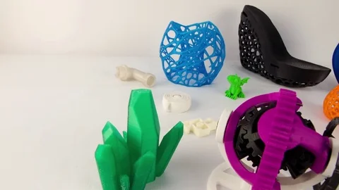 Real objects printed 3d printer HD video. Color products additive manufacture Stock Footage 70673988