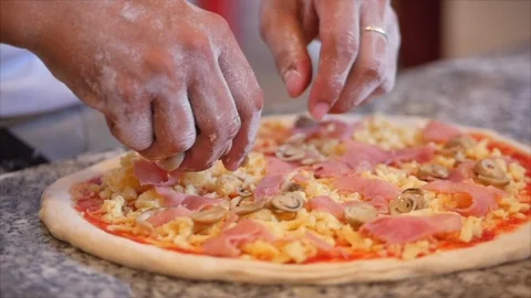 Real pepperoni pizza, cooking method, Italian cook makes real Italian pizza from Stock Footage 127310587