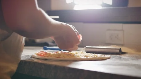 Real pepperoni pizza, cooking method, the Italian chef prepares real Italian Stock Footage