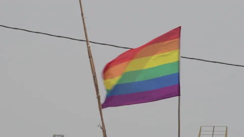 Real rainbow flag, LGBT pride flag or gay pride flag waving at wind a summer day Stock Footage 136586953