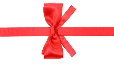 Real red satin bow with square cut ends on silk ribbon isolated on white ba.. Stock Photos