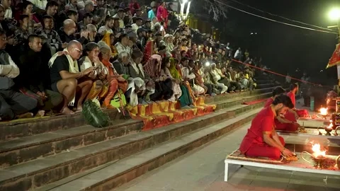 Real Religious Ceremony Scene in Rishikesh India Stock Footage 337627388
