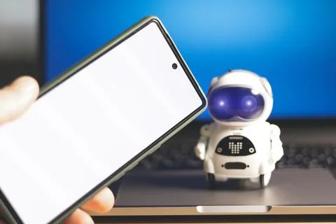 Real Robot on virtual screen online system. Digital Chatbot, chat GPT, Conv.. Stock Photos