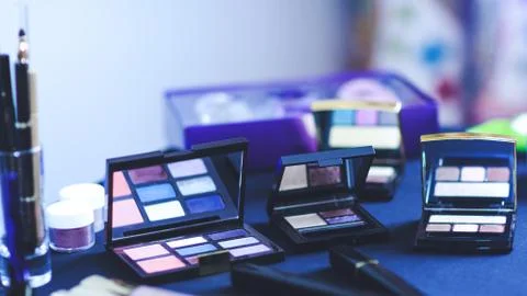 Real set of various eye shadows palettes with brush. Make-up lipstick palette Stock Photos