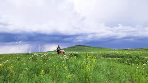 Real Shot of Flower Grass Slope Rider Wind Turbine Drifting Cloud in Inner Stock Footage 337980706