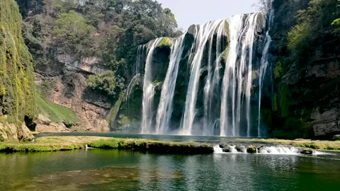 Real Shot of Green Pool Waterfall Landscape of Huangguoshu Waterfall in Guizhou Stock-Footage 336892964