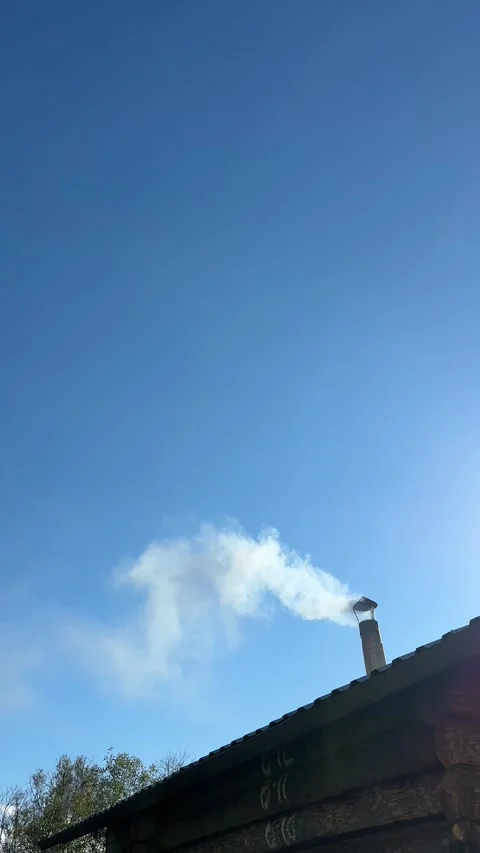 Real-time 4K video of white smoke coming out of a chimney on a rustic sau Stock Footage 345023044