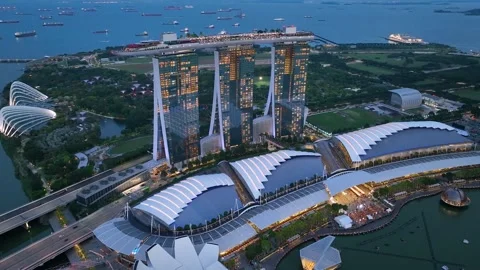 Real-time aerial video of sunset in Singapore skyline Stock Footage 333291281