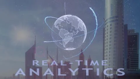Real-time analytics text with 3d hologram of the planet Earth against the Illustrazione stock
