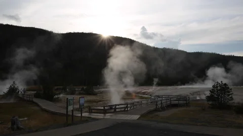 Real time of the Black Sand Basin Geysers and tourists in Yellowstone Park Stock Footage 221204450