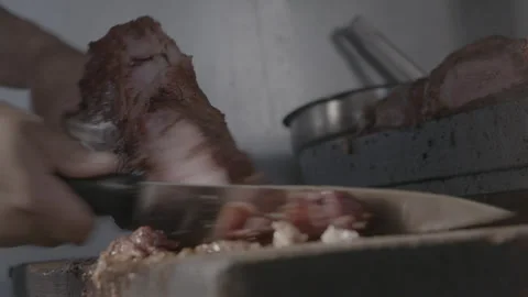 Real-Time Close-Up Tri-Tip Steak Being Sliced Stock Footage 316718841