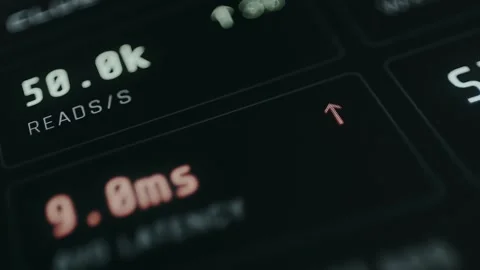 A real-time cluster metrics panel displaying live reads writes per second Stock-Footage 331569711
