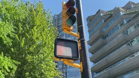Real-time Countdown traffic Light, Downtown City of Vancouver BC, Pedestrian Stock Footage 281058770