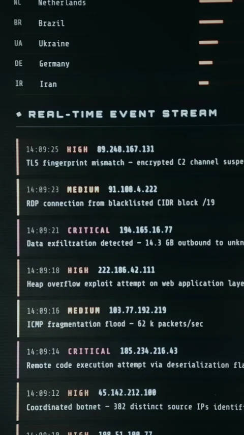 Real-time cybersecurity event log detailing various network security threats Stock Footage 334424192
