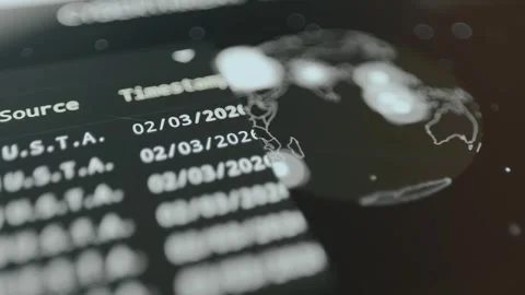 Real time data of source countries of cyber threats and a timestamp Stock Footage 330240109