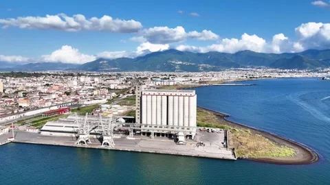 Real-Time Drone Orbit of Torre Annunziata Grain Silo with Scenic Background Stock Footage 310057250